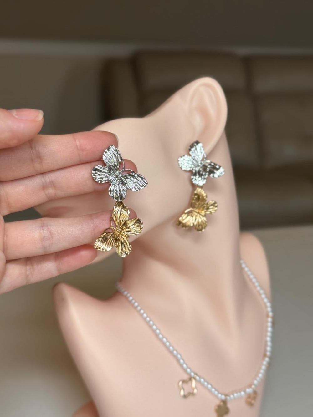 Silver and Gold Butterfly Statement Drop Earrings - Picture 4 of 9